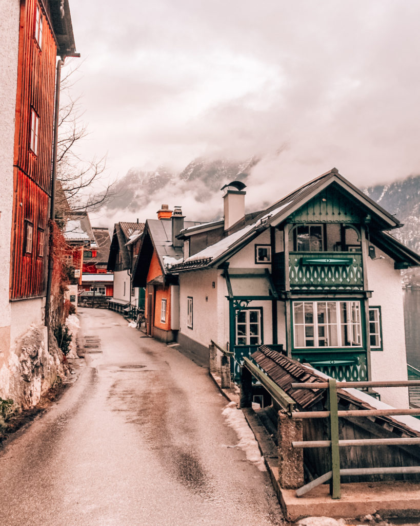 A cute medieval house in Hallstatt along a tiny alley.